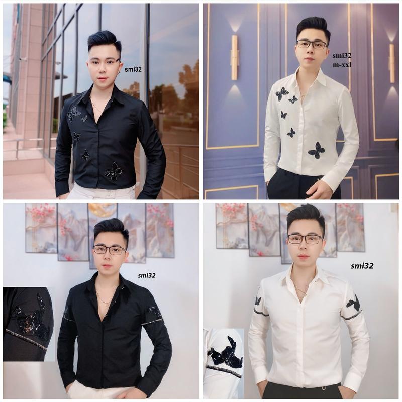  Áo sơ mi lụa nam không nhăn cao cấp thêu họa tiết kim sa hình cánh 