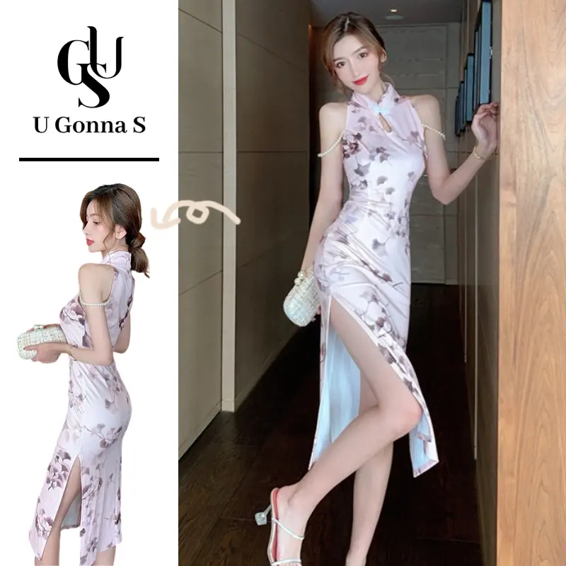 Đầm dài sườn xám cho phụ nữ phụ nữ với ngọc trai không tay cổ áo Trung Quốc thời trang thanh lịch Bodycon 2024 hoa mới tiệc tối buổi tối màu hồng