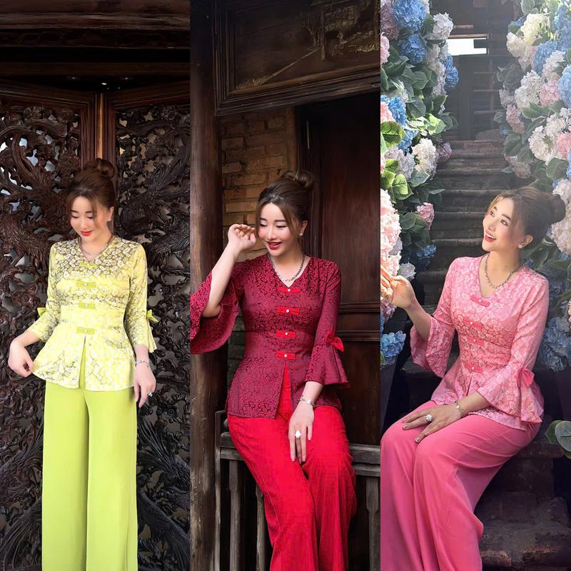  SÉT BỘ ÁO KÈM QUẦN BÀ BA CỔ TIM TAY LOE NƠ TAY CHẤT VẢI GẤM 2 DA ĐỦ SIZE S,M,L,XL,XXL,3xl Nữ Kem Women Top Top 