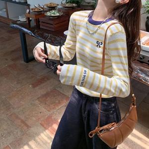 Striped Round Neck Printed Knit Sweater Long Sleeve Women Fall Winter Casual Fitted Design Small Size Top 8613# Knitwear Womenswear Crewneck