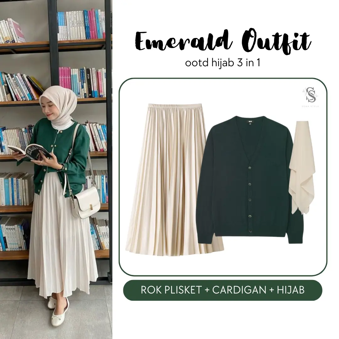 One Set Hijab 3in1 Setelan OOTD Terbaru [Rok Plisket Cardigan Hijab] Emerald Outfit SS32