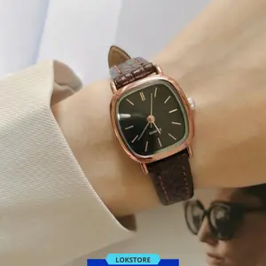 Jam Tangan Wanita Pria Couple Polos Casual Dial Segi Fashion Analog Quartz Simple Strap Kulit Pu Leather RM001