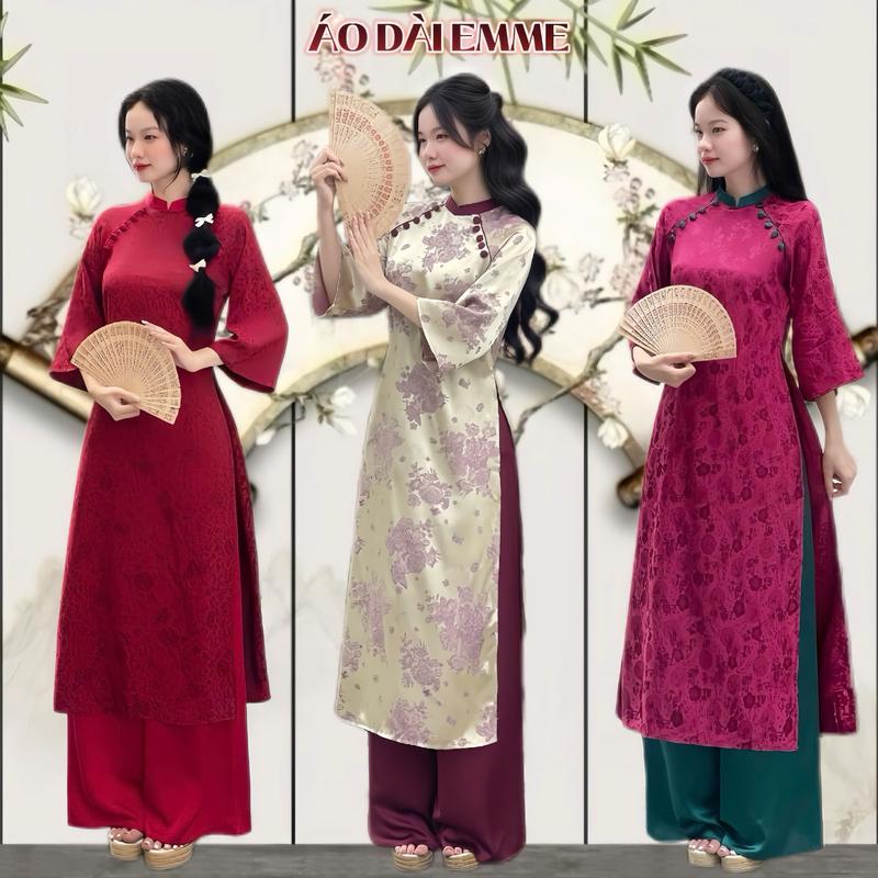 Áo Dài Nữ EMME V1946 Form Suông Hoa Văn Đính 2 Hàng Cúc Tay Lửng Cổ Đứng Kèm Quần Lụa Mềm Mại 