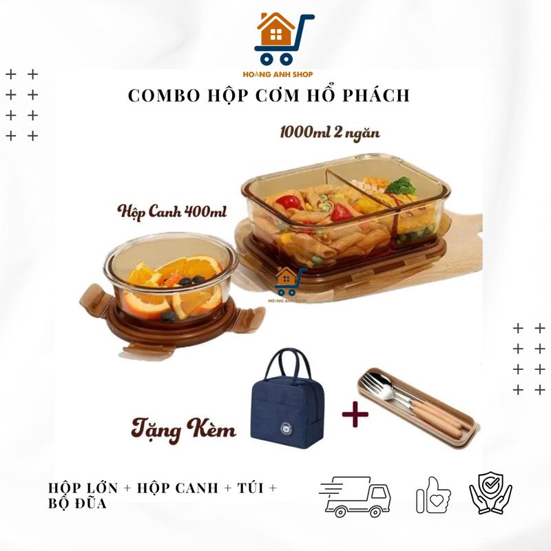 Giá Sốc - Set Hộp Cơm Thủy Tinh Màu Hổ Phách 1000ml 2 Ngăn + Hộp Canh Tặng Kèm Túi Giữ Nhiệt Và Bộ Đũa Thìa Nĩa 3 Món Cán Gỗ