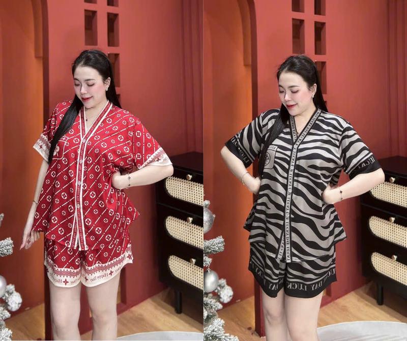 Đồ bộ đùi cổ V in hình 5D sang trọng lụa latin mềm có size dành cho khách tới 80kg