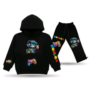 Roblox Setelan Anak Lengan Panjang Hoodie Hitam dengan Desain Karakter Roblox dan Celana Panjang Hitam