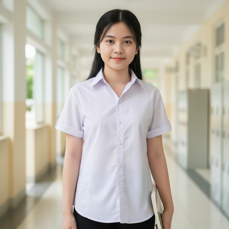 Áo Sơ Mi Nữ Học Sinh Cấp 2 Cấp 3 Tay Ngắn Màu Trắng Cổ Đứng Polyester 100% Thấm Hút Mồ Hôi Nhanh Chóng Có Túi Giặt Máy