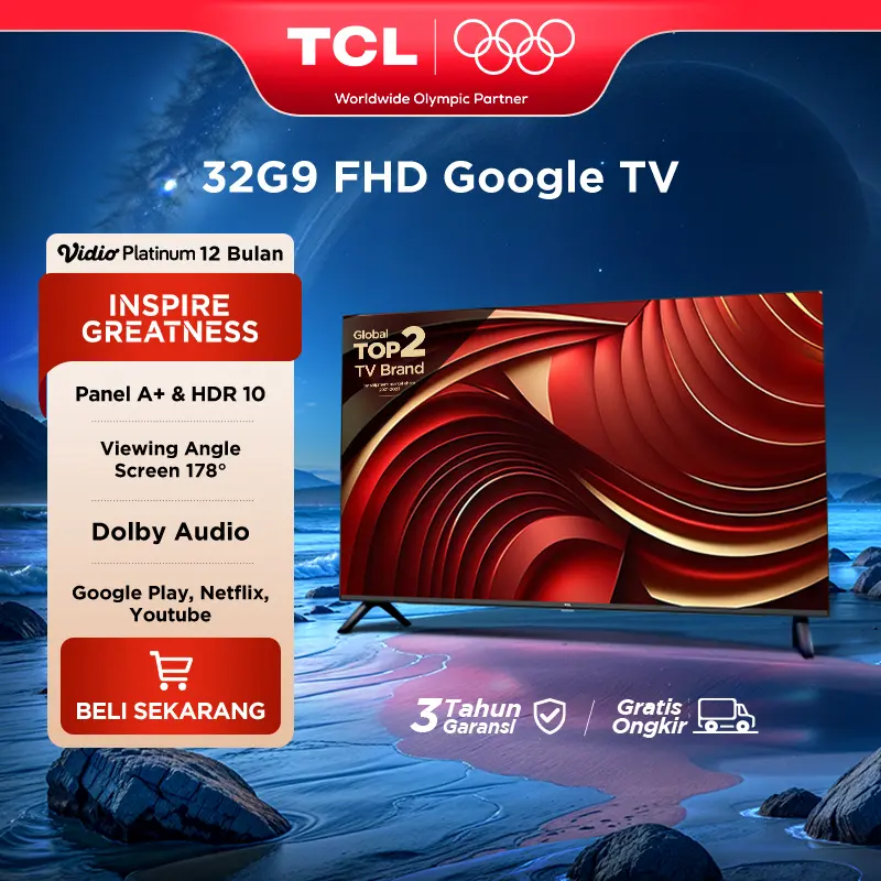 【FLASH SALE】 TCL 32 Inch Smart TV - Dolby Audio - Google Play/Netflix/Youtube - Wifi/Bluetooth/HDMI/USB + Free Vidio 12 Bulan* (Model: 32G9) tv led 32 inch