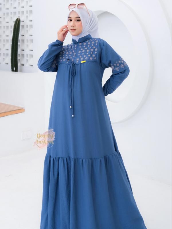 Gamis Bordir Wanita LYLYA Mat Polo Linen Premium Terbaru Busui Friendly Dress Motif Model Kekinian 7