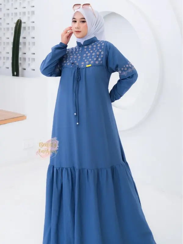 Gamis Bordir Wanita LYLYA Mat Polo Linen Premium Terbaru Busui Friendly Dress Motif Model Kekinian 6
