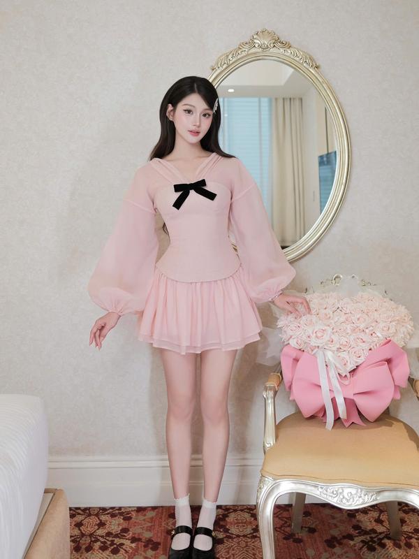  C.LAY CLOTHING - Iris Dress Váy dạ tex tiểu thư hai tầng trễ vai tay bồng dài kèm nơ có size S đến XXL kèm quần bảo hộ 