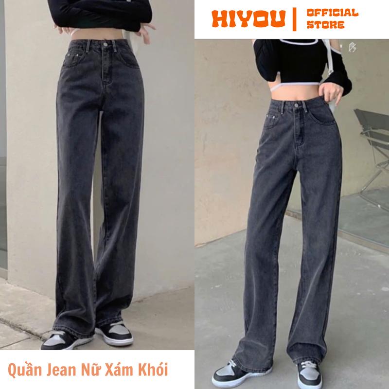 Quần Jean Nữ Xám Khói HiYOU, Quần Bò Nữ Xám Khói, Form Ống Suông Rộng, Vải Jean Mềm Mịn