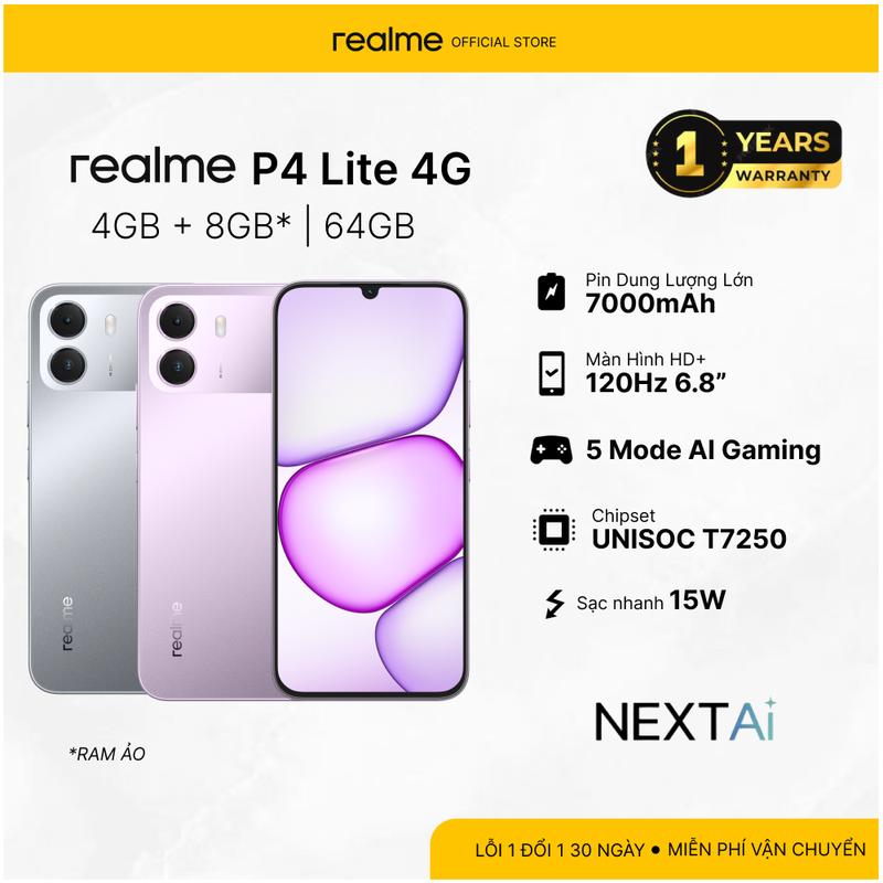 Điện thoại realme P4 Lite 4G (4GB/64GB) | Pin 7000mAh | Màn hình 120Hz | Sạc nhanh 15W | AI Gaming