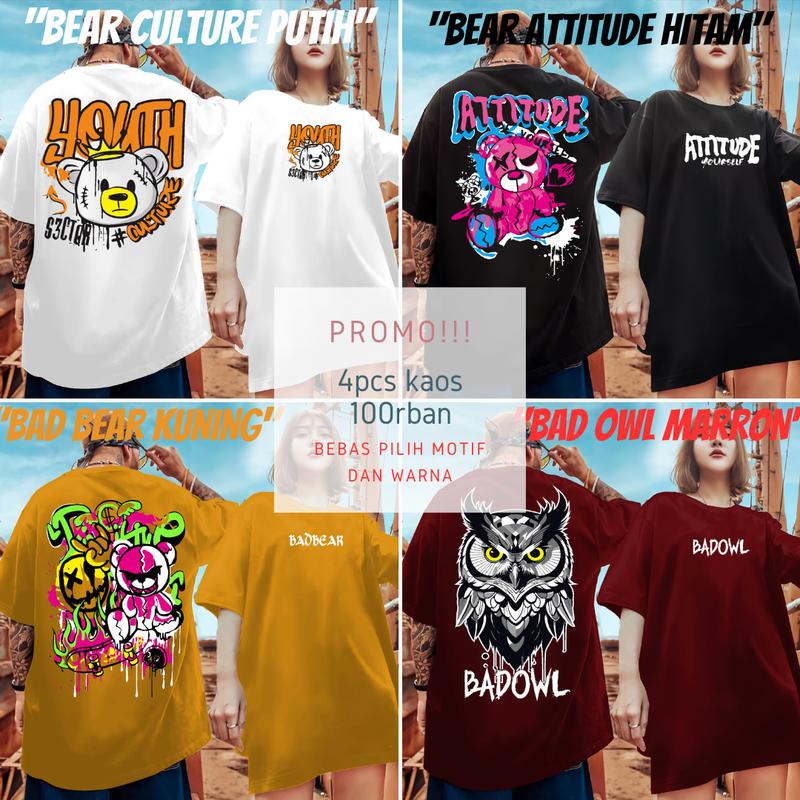 PAKET 4PCS 100RIBU UNISEX BISA CEWE COWO BEBAS PILIH MOTIF DAN WARNA 100% KATUN Combed Distro Nyaman Motif 1