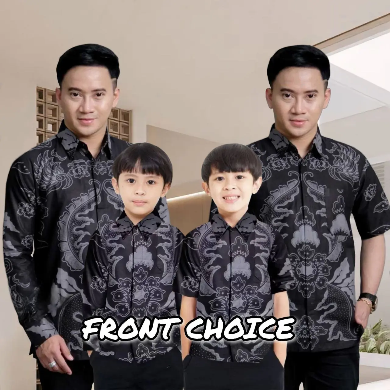 FRONT CHOICE - KEMEJA BATIK COUPLE AYAH DAN ANAK LAKI LAKI MOTIF MAHKOTA ABU / MAHKOTA HITAM - BATIK BLACK SERIES - COUPLE SWEET