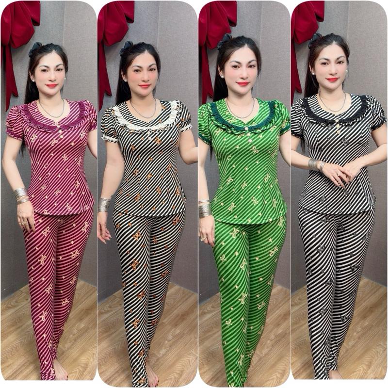 _ Đồ bộ cổ tim phối beo màu / Tay nhúng bo chun - thun aty tơ size 2345 ( 46kg đến 78kg )