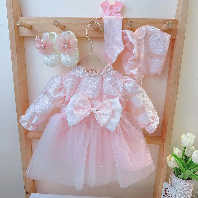  M94 - VÁY voan thêu hoa HỒNG dài tay cho bé 3-11kg Made by Hằng 