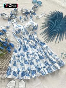 Vestido camisero con estampado floral Ditsy para mujer, elegante vestido informal sin mangas con ribete de volantes para el verano, ropa de mujer para vacaciones en la playa