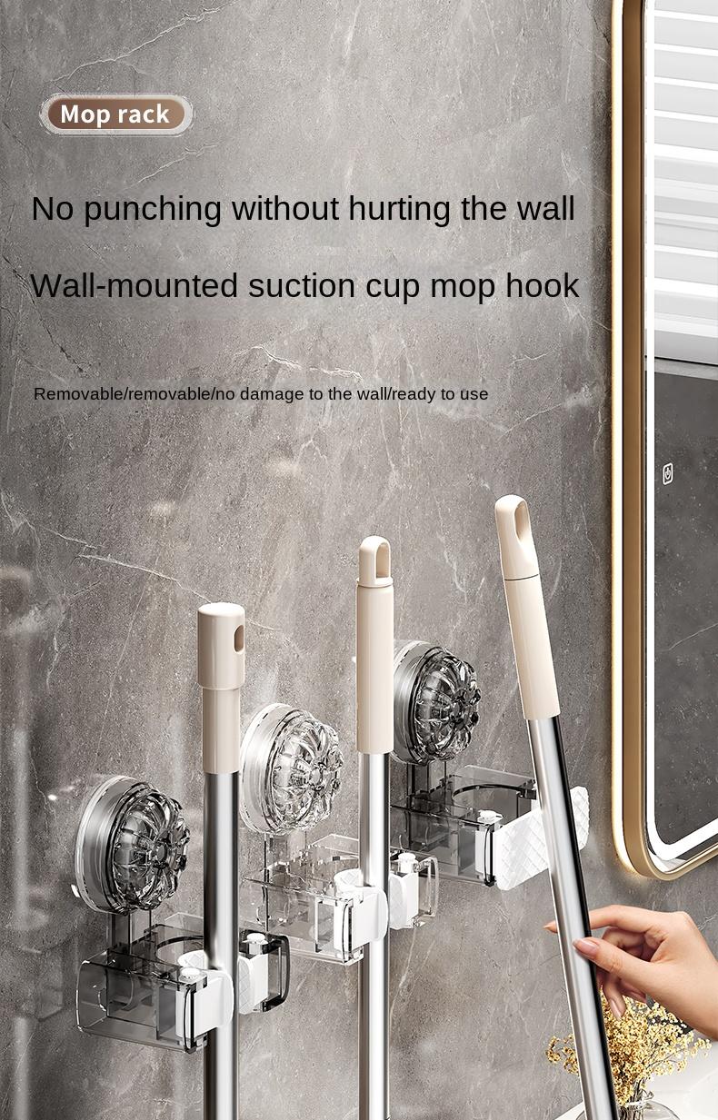 Product Introduction of Suction Cup Mop Holder Hook Two Clips No Drilling Household Bathroom Simple Storage Clip Movable Mop Holder 0