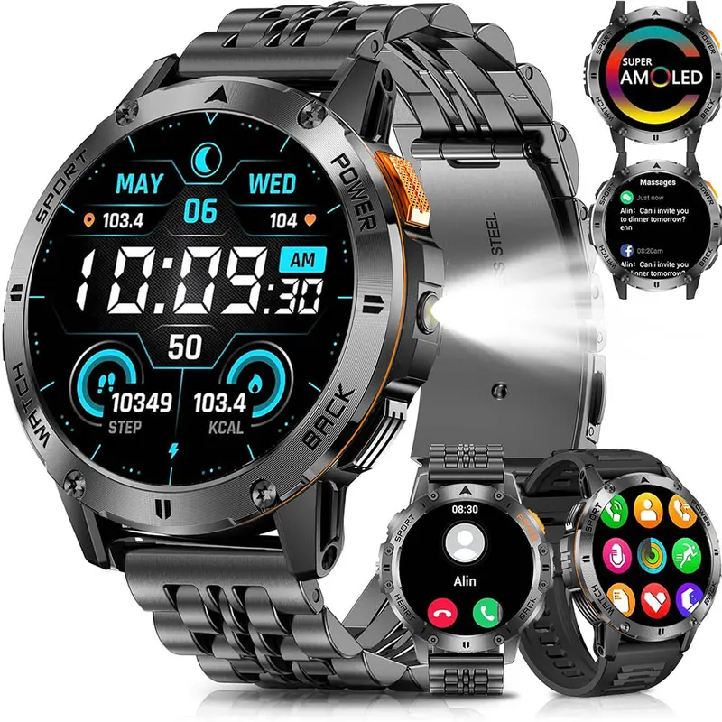 FILIEKEU Jam tangan pintar with long battery life waterproof men watch  sports fitness tracker YK07-Black Seven Steel Belt Black Silicone