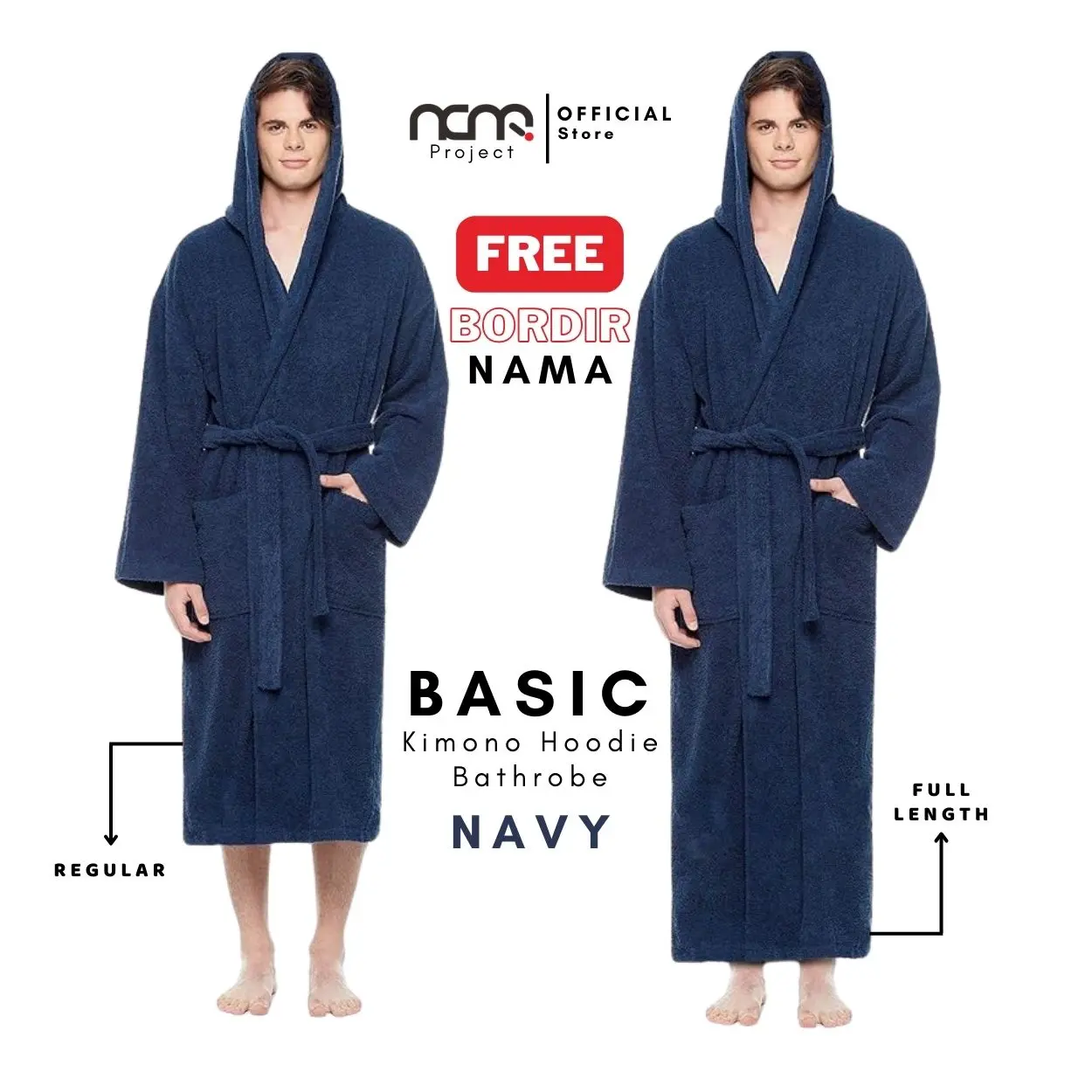 Handuk Kimono Hoodie Bathrobe Navy Premium Baju mandi Bordir Dewasa Jubah