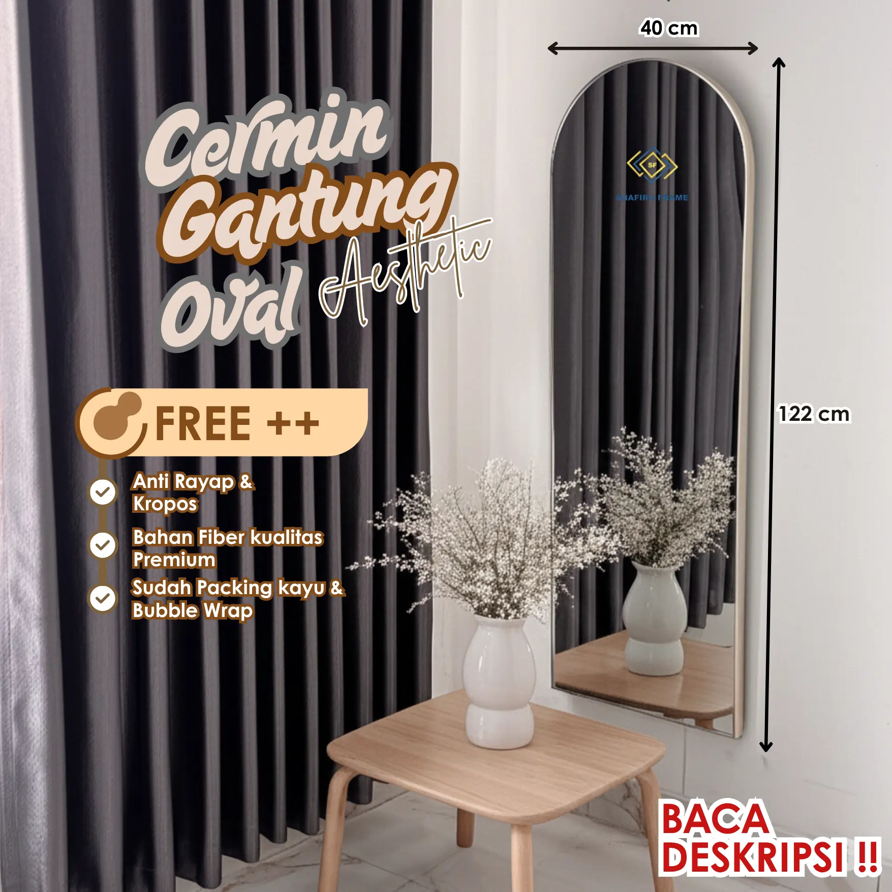[free kemasan kayu] Shafira Frame Cermin Gantung Oval Aesthetic Full Body 40 x 122 cm Gold Warna Frame Fiber Premium Dengan Packing Kayu Gratis