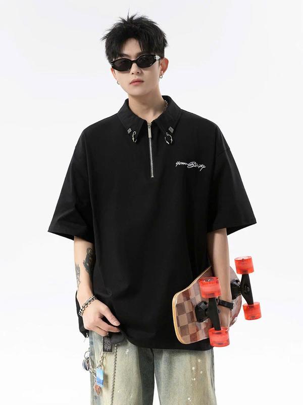 Áo polo cổ zip đính khuyên áo phông có cổ khóa kéo unisex nam nữ đều mặc được màu đen ghi form rộng Menswear Shirt