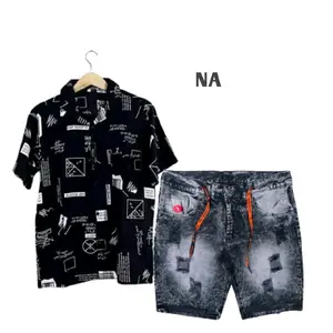 Setelan kemeja Rayon motif terbaru dan celana Jeans Sobek Pendek Riped