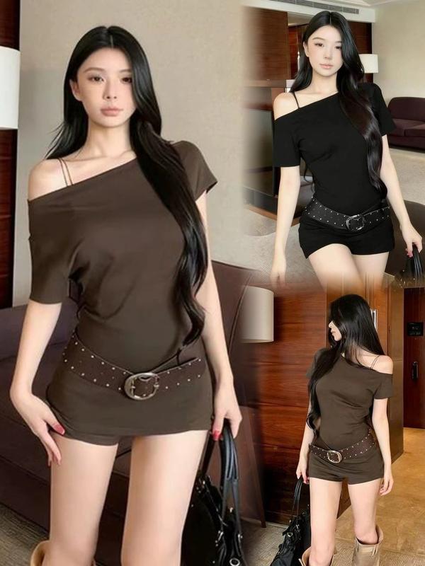 Babes 2026 mùa hè mới phong cách Pháp khí chất một chữ cổ dài tay áo T-shirt cao eo giản dị ăn mặc hai mảnh, váy+thắt lưng,M38