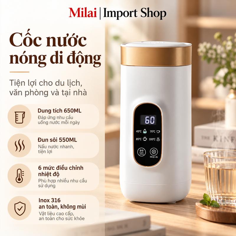 Bình nước nóng siêu nhanh mini, bình nước di động, giữ nóng giữ lạnh, pha sữa, ấm trà, có chức năng hâm nóng, thép không gỉ 316, 650ml