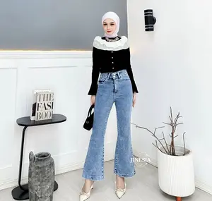 Celana Jeans Wanita Cutbray Kancing 2 Variasi Pinggang Lebar - Highwaist Cutbray Jeans Stretch denim Panjang