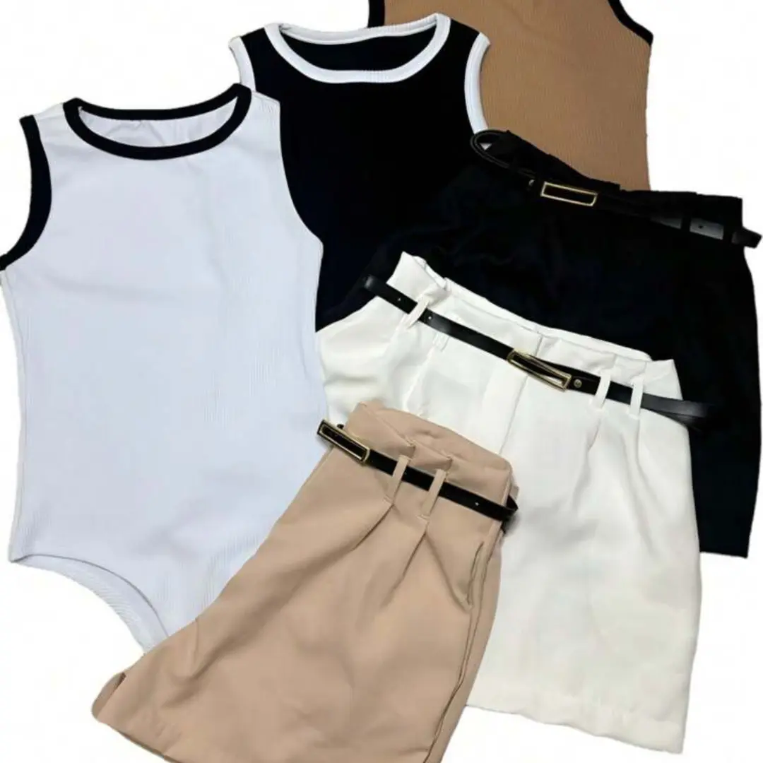 Kit 6 Peças Short Alfaiataria com Cinto e Body Canelado Feminino