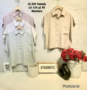 Kemeja / Atasan Wanita Corak Garis Warna Soft  Kancing Top Baju Katun Nyaman Casual