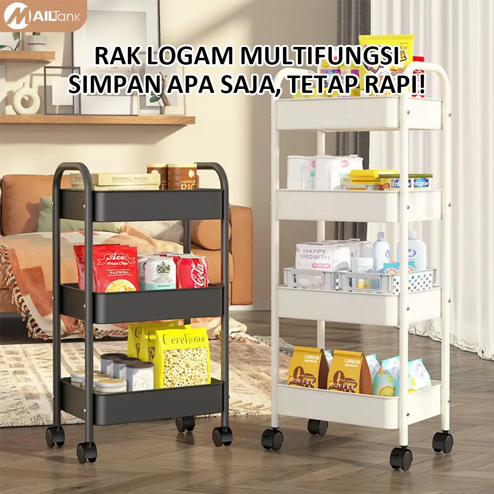 [READY STOCK] MAILTANK Rak susun serbaguna Rak Dapur Besi Serbaguna Rak Besi Penyimpanan Bertingkat Rak Kamar Mandi Rak Salon Rak Troli Susun Dorong Besi Stainless Steel Dengan Roda