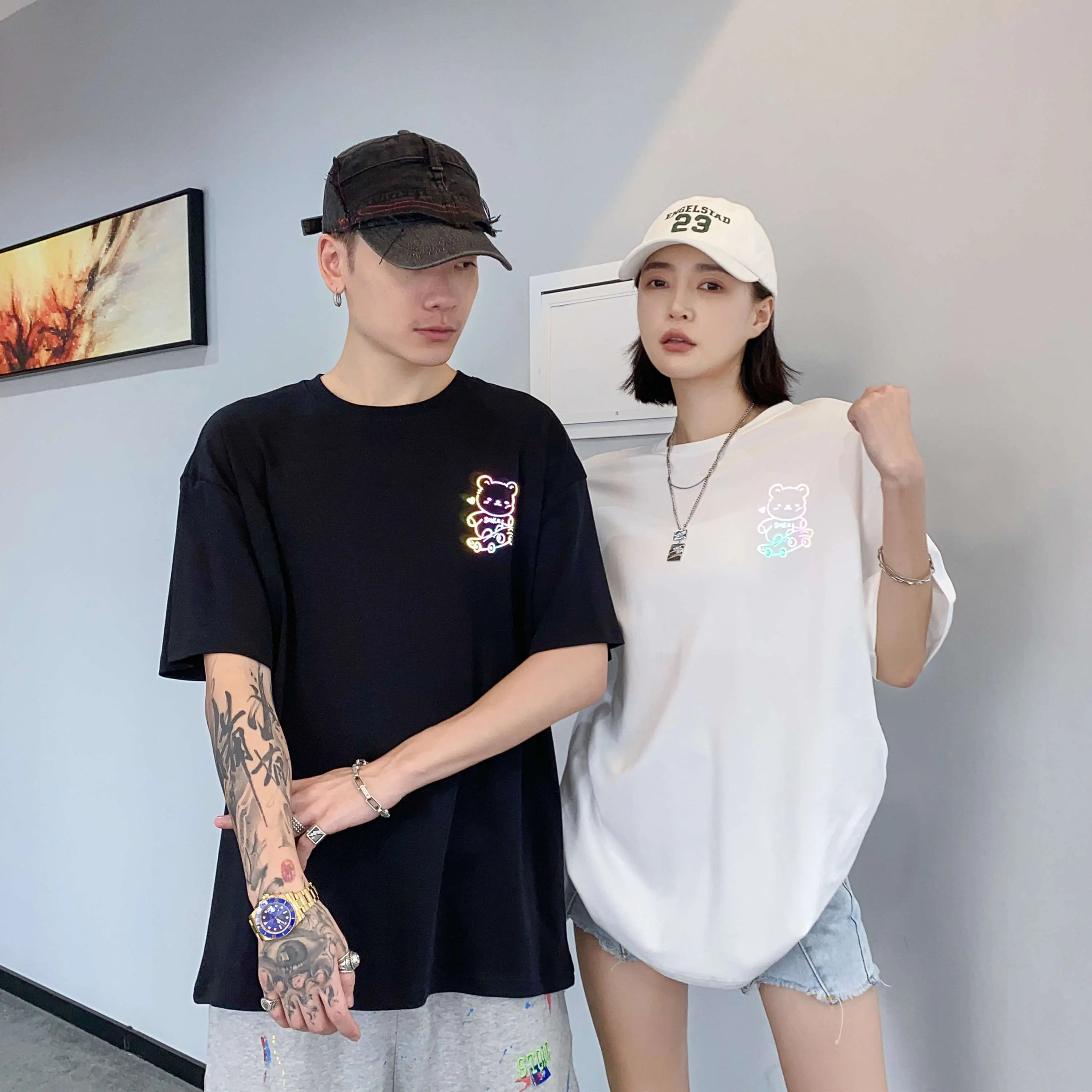[ Sozo-one ] Reflective Skateboard Bear Korean Style Premium 240g/m2 Cotton T-shirt Unisex Oversized  Couple SK7618 Casual Crew Neck  Clothing Comfort Clothe