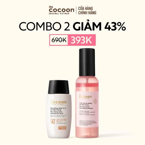 COMBO Sữa chống nắng vô cơ sen Hậu Giang - Tone up Beige Cocoon 50ml + Serum dạng xịt cấp ẩm, căng bóng tự nhiên - Tinh chất xịt dưỡng sen Hậu Giang Cocoon 100ml