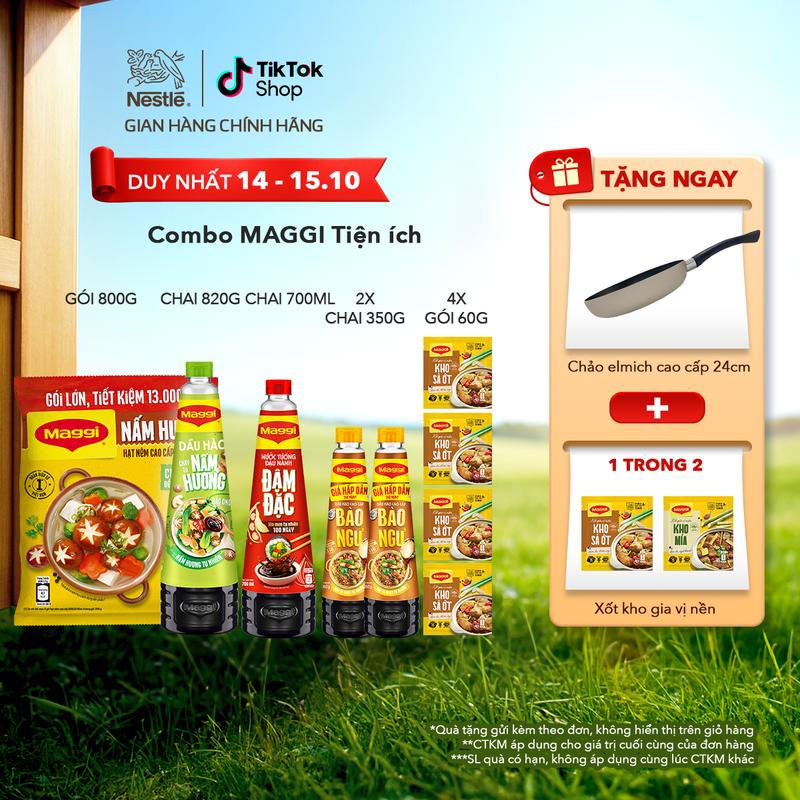 Combo Hạt nêm MAGGI Nấm Hương (Gói x 800g) + Nước tương Đậu Nành Đậm Đặc 700ml + Dầu Hào Nấm Hương Maggi Chai 820g + Dầu Hào Cao Cấp MAGGI Bào Ngư Mới x2 + Xốt gia vị nền MAGGI Kho Sả Ớt (x4) (Hoặc 4 gói xốt kho Mía)