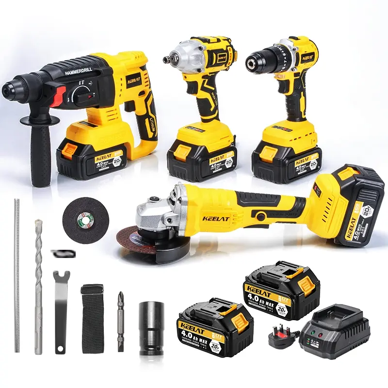 KEELAT 4 in 1 Tool Set Brushless Cordless Impact Wrench Gun Screwdriver/Rotary Hammer Drill/Angle Grinder 2 Batteries