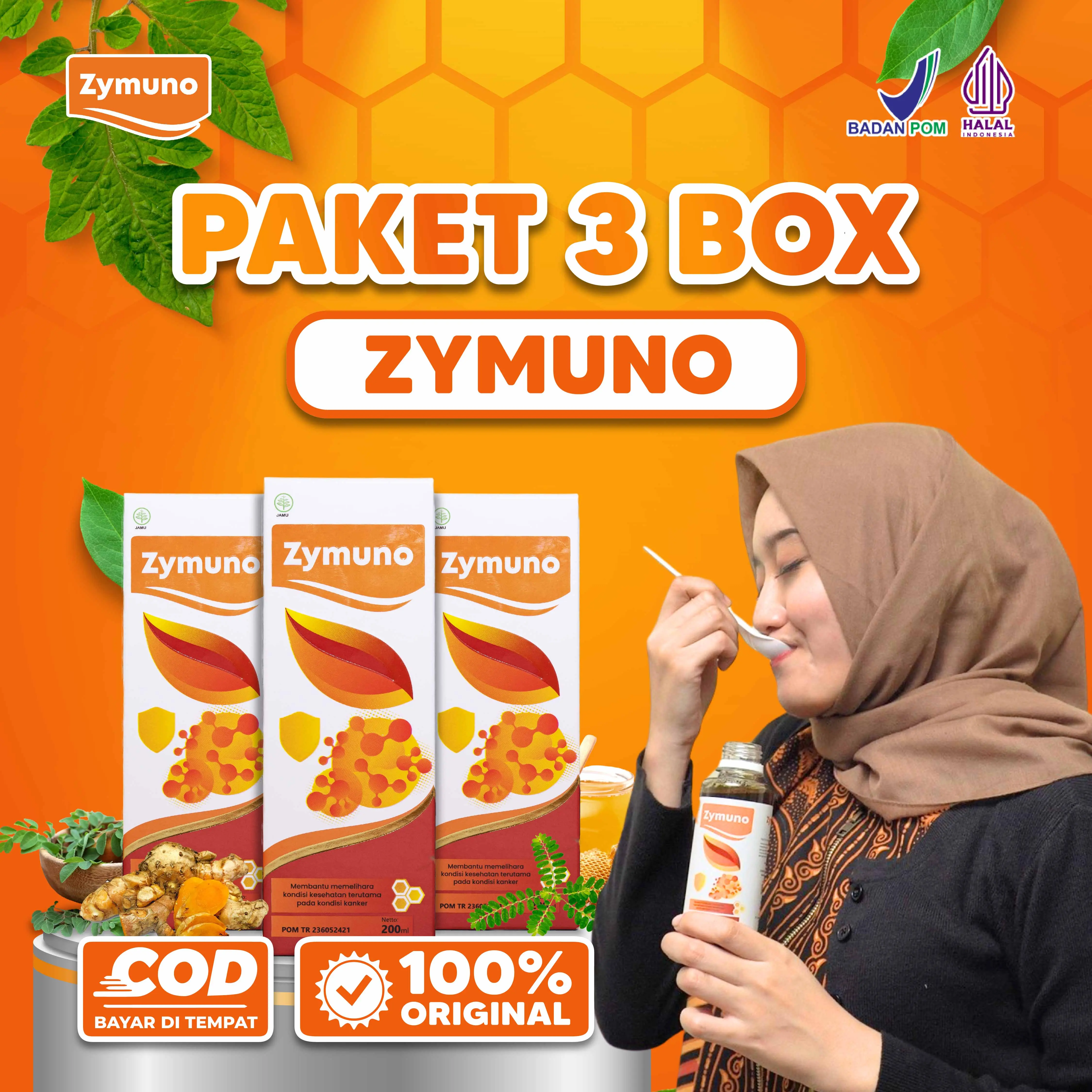 Madu Zymuno 3 Box @200ml - Garansi 100% Original, Madu Alami Temulawak Putih, Daun Kelor, Serta Meniran Hijau - Herbal, Bahan