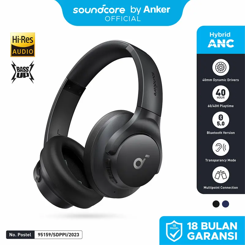 Soundcore by Anker Q20i Bluetooth Headphones with Mic Hi-Res Hybrid ANC Headset with Noise Cancelling Wireless Headphone Over-the-Ear Headphones - A3004 0