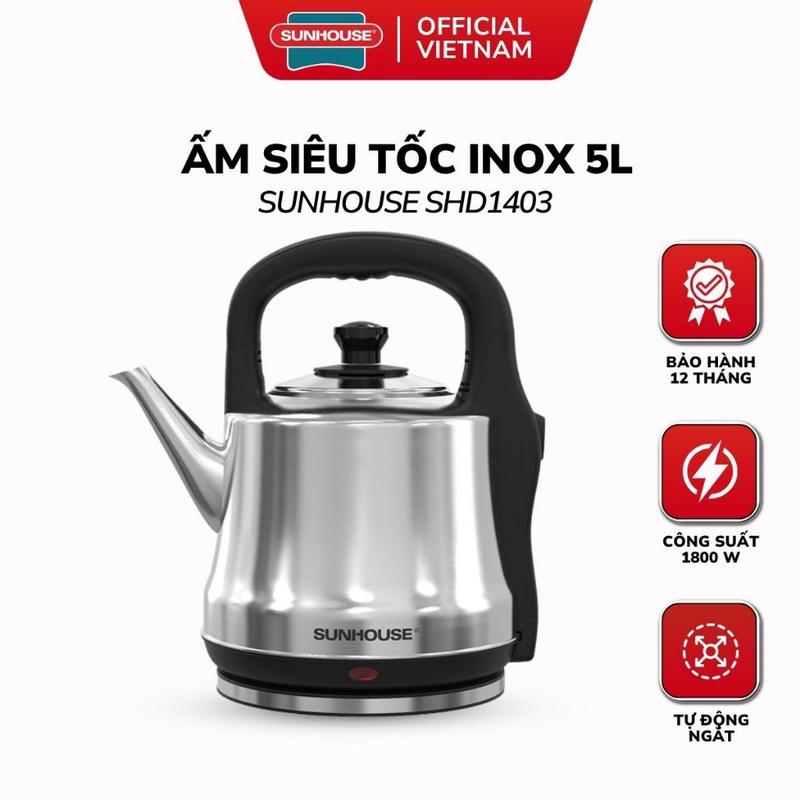 Ấm Siêu Tốc Inox 5L SUNHOUSE SHD1403 - 1800W, Vỏ Ngoài Inox Sáng Bóng, Bền Bỉ, Bảo Hành 12 Tháng