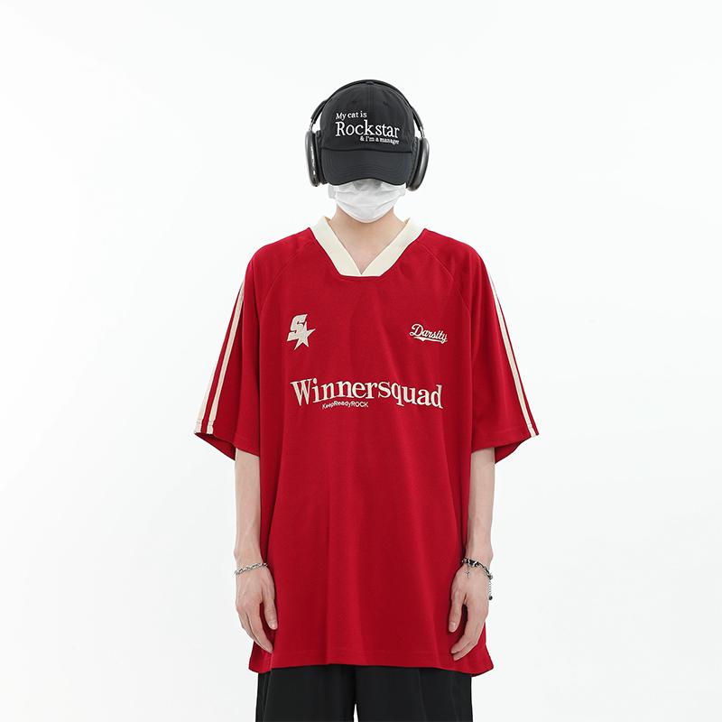 Product Introduction of Summer Heavy Embroidery American Retro V-neck Sports Casual Red Jersey Korean Short Sleeve Women's High Street Loose Couple T-shirt Fashion Brand Ins New Half Sleeve Men's Racing Clothes Top Black Basketball Shirt 12