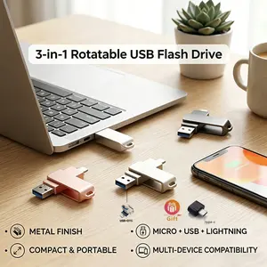 Flash disk 3-in-1 rotatable USB , metallic finish, compact and portable, Micro + USB + Lightning, high-speed data transfer, compatible with multiple devices, includes a free Type-C adapter.