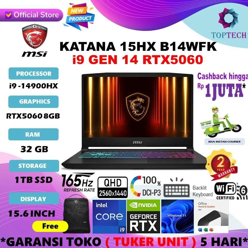 MSI KATANA 15 HX B14WFK RTX5060 8GB CORE i9 14900HX 32GB 1TB SSD 15.6" QHD 165HZ 100DCIP3 W11 OHS