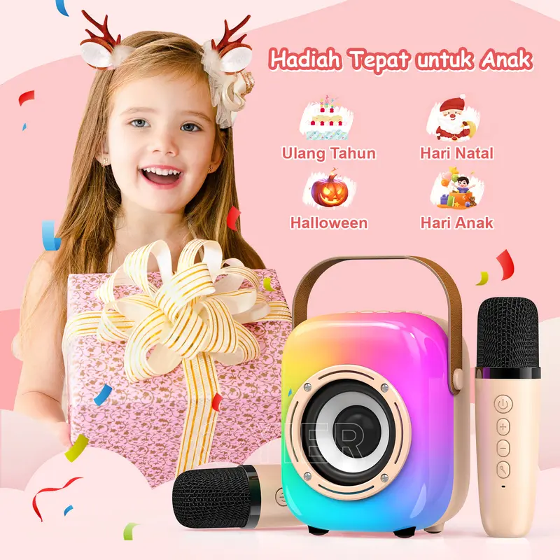Speaker Mic Karaoke Speaker Mini 2 Mic Bluetooth Speaker Karaoke Wireless karaoke Bluetooth Full Bass Portabel RGB LED Microphone Machine Jam Ponsel 2