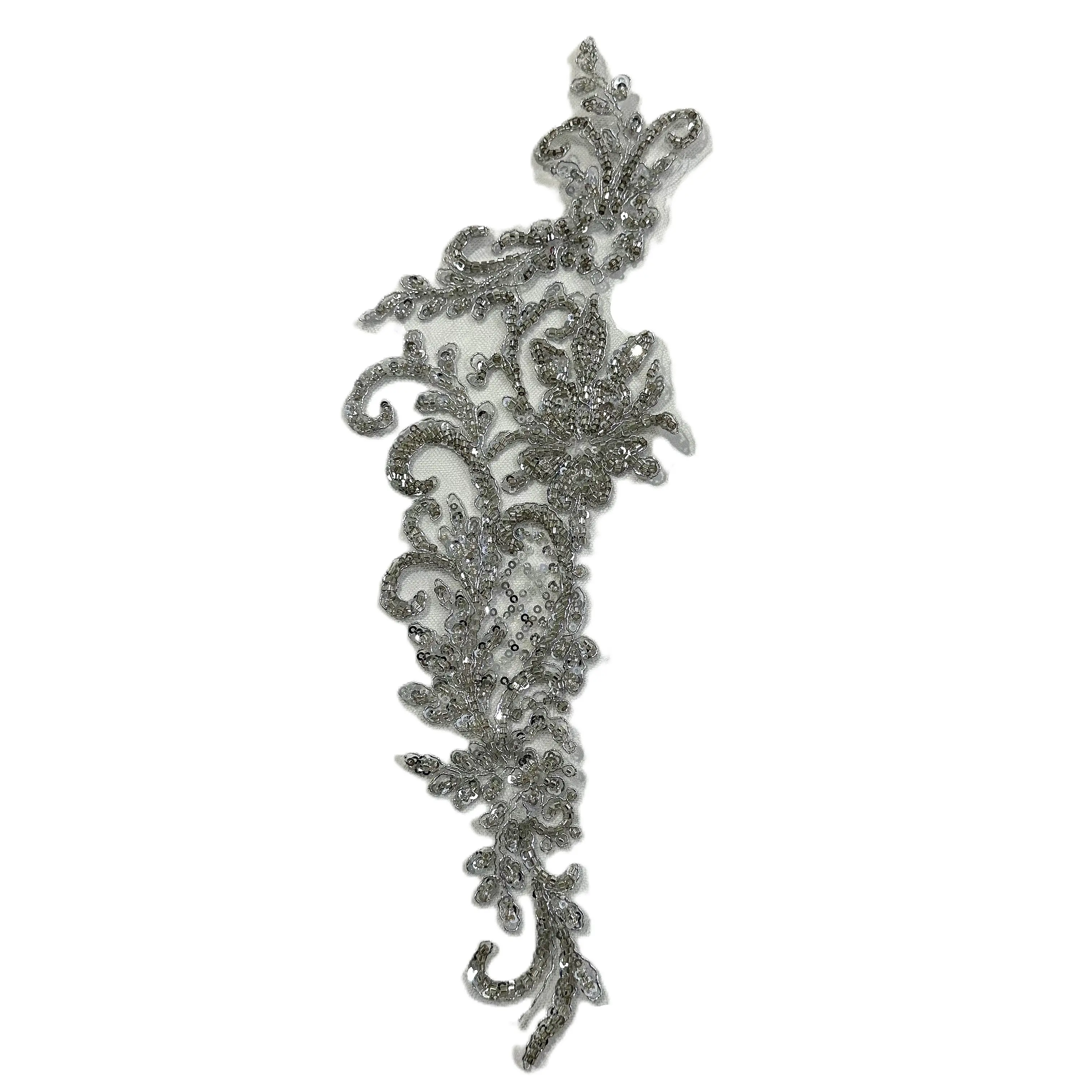 Vải ren vải tuyn đính sequins màu bạc, hoa ren ứng dụng thêu, thích hợp cho váy cưới và váy buổi tối, năm 2024