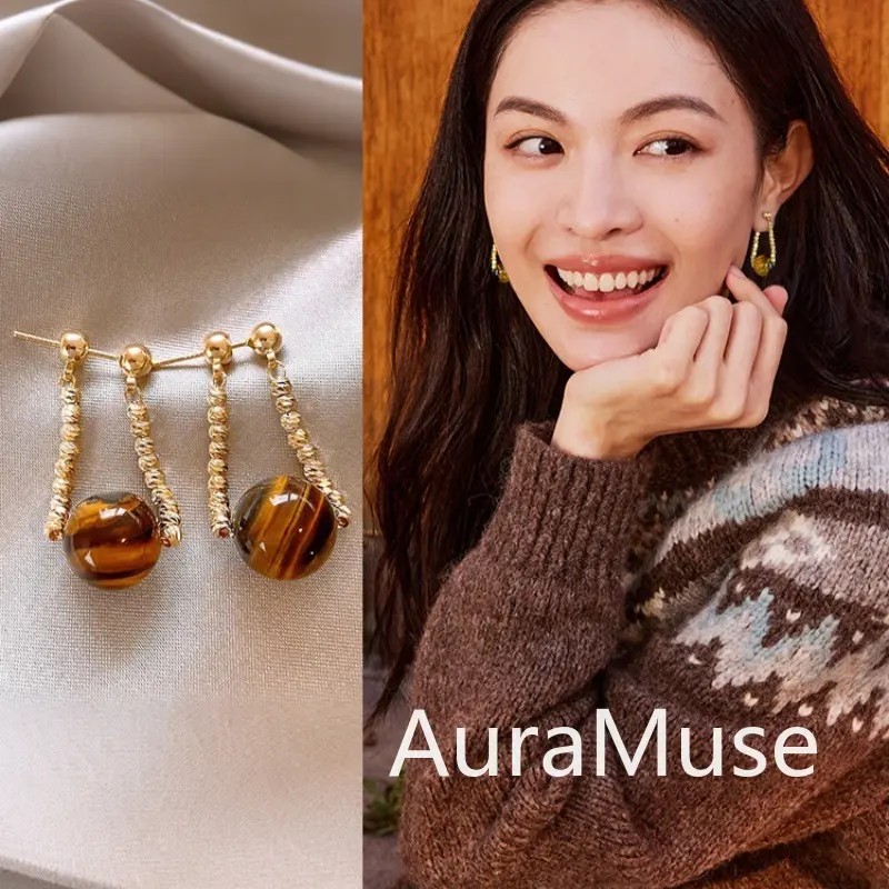 [AuraMuse] Anting Batu Tiger Eye Rantai Emas Elegan Cantik Modis Casual A374