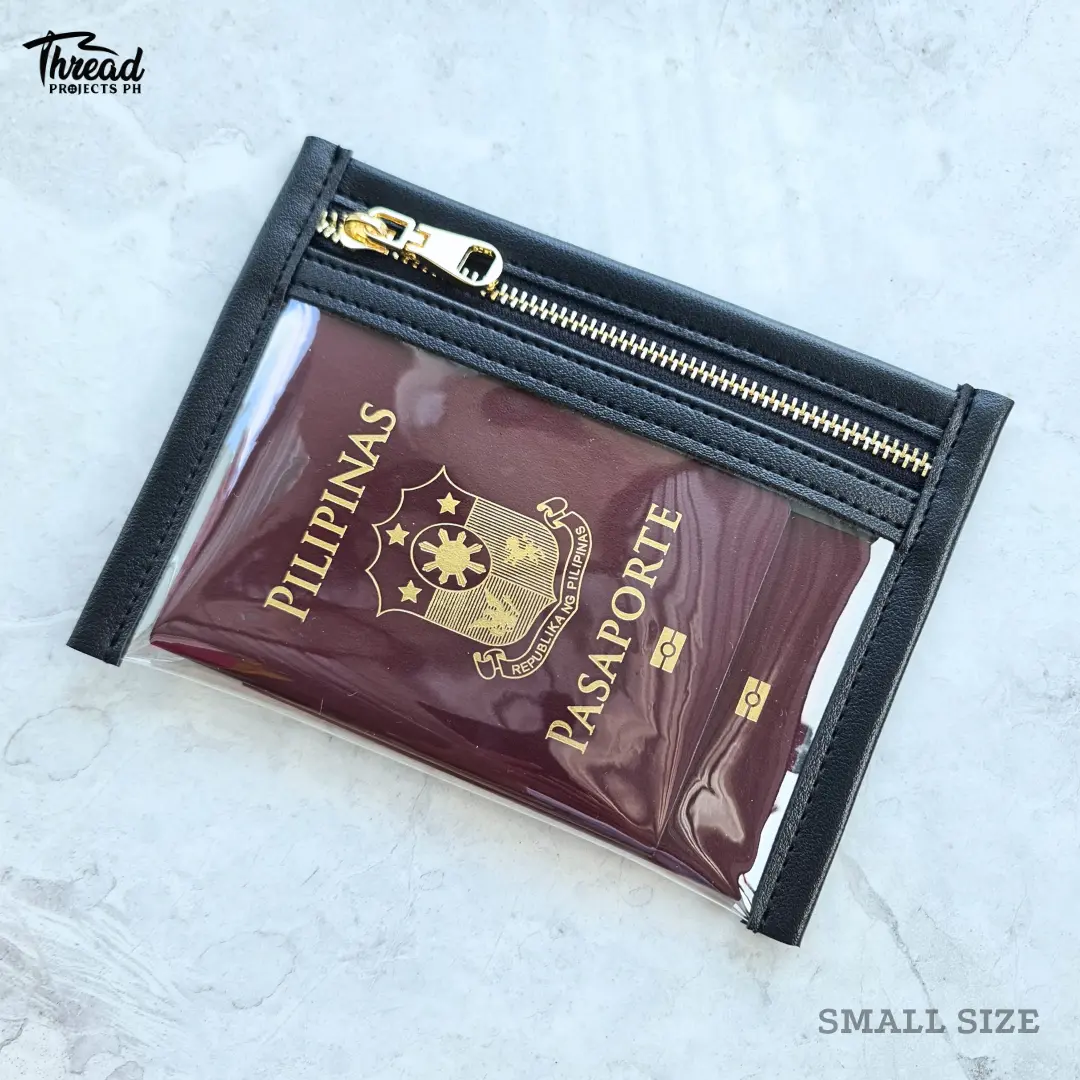 THREAD PROJECTS VK Flat Pouch – Black Leather Clear PVC Passport Passbook Holder Travel Document Bag