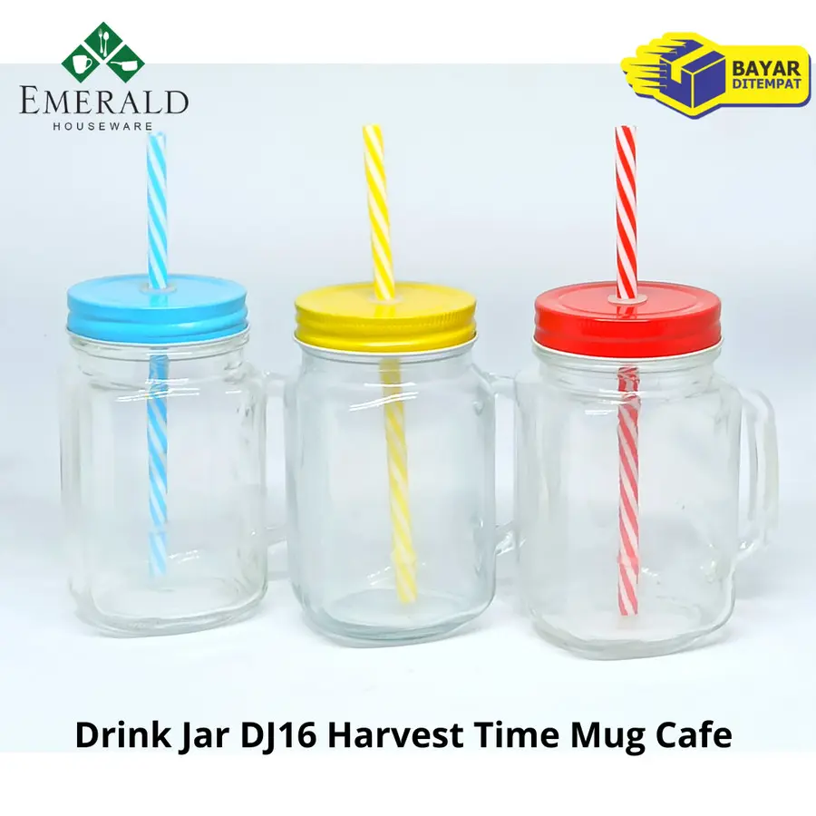 Drink Jar DJ16 Harvest Time Mug Cafe Souvenir Gelas Tutup & Sedotan Kaca Simple Kitchenware Water Food
