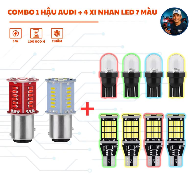 Combo 1 Đèn Hậu Audi Trắng + 4 Bóng Xi Nhan LED T10 T15 7 Màu – Hiệu Ứng Cực Kỳ Đẹp Mắt – Gắn Cho Xe Máy Oto